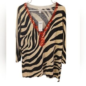 CHICO'S ZEBRA JEWELED RUBY PULLOVER SWEATER. NATURAL. SIZE 2= LARGE